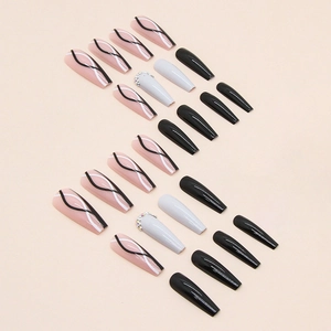 Faux ongles ballerine longs noir et blanc à motifs vagues avec strass brillants