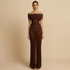 Close-up of dark brown lace off-shoulder evening dress with sheer fishtail hem