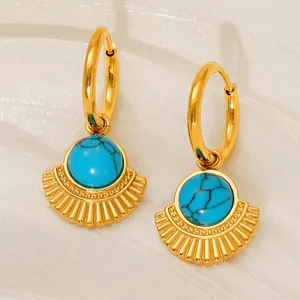 Bohemian Blue Turquoise Fan Pendant Earrings For Women 18K Gold Plated Stainless Steel Geometric Retro Niche Style Jewelry