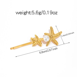 Detailed view of starfish hair clips in gold finish with size and weight measurements