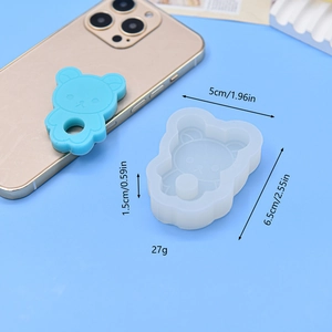 Detailed bear silicone mold for resin with dimensions and a blue finished phone grip