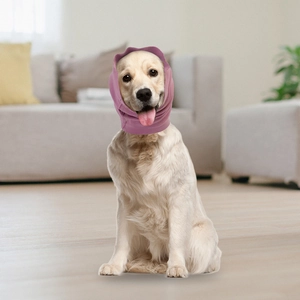 Pink dog grooming earmuffs made of breathable elastic fabric worn by a Golden Retriever