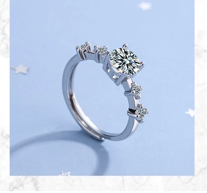Close-up of adjustable silver ring with round sparkling main stone and side accents