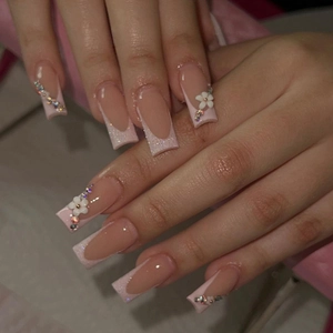 Press On Nails French Pink Glitter Square 3D Flower Rhinestone Artificial Pearl Sweet Elegant Wearable Artificial Nails For Women