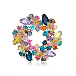 Wreath Flower Brooch Alloy Rhinestone Colorful Crystal Vintage Elegant Fashion Jewelry Accessory Pin