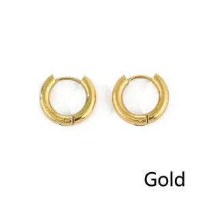 Detailed close-up of chunky gold stainless steel hoop earrings with polished finish
