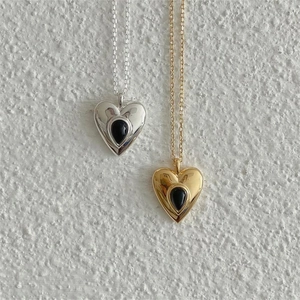 Minimalist 925 sterling silver heart necklace with black drop stone inlay for women