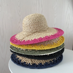 Chapeau De Paille En Papier De Raphia À Large Bord Femmes Crochet Couleur Contrastée Nœud Protection Solaire Plage Été