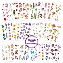 Flat lay of 36 sheets and 480 pieces of PET vintage floral and butterfly scrapbooking stickers