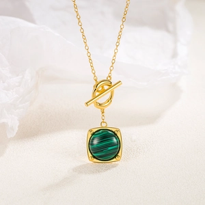 S925 sterling silver gold square malachite necklace with OT toggle clasp on white paper