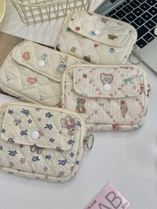 Quilted floral cartoon mini organizer bags with snap button and metal D-ring attachment