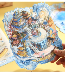 Macro shot of 3D mythical underwater palace sticker with dragon and coral details