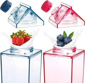 Top and side view of 1000ml square milk box bottles with blue and red screw caps