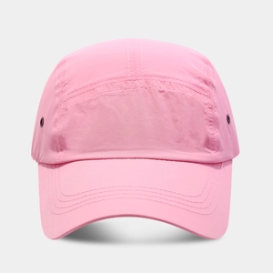 Pink quick-dry 5-panel baseball cap with metal eyelets and curved brim for sun protection