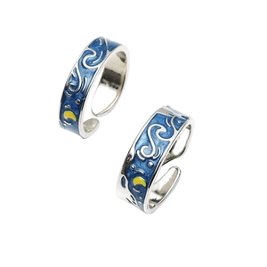 Van Gogh Starry Night inspired couple rings set with blue enamel and adjustable silver bands