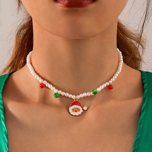 Christmas Santa Claus Snowman Pendant Faux Artificial Pearl Necklace Red Green Beads Festive Cartoon Style Accessory Women