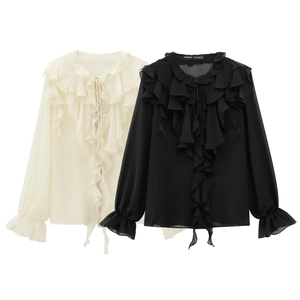 Langarm Rüschen Chiffon Bluse Elegant Schluppenkragen Ausgestellte Manschetten Einfarbig Retro Süßes Oberteil Für Damen
