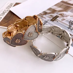 Vintage Heart Shaped Elastic Bracelet Alloy Metallic Texture Flower Relief Retro Style Hand Jewelry For Women