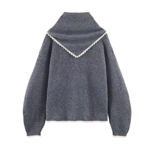 Dark grey women's knit cardigan featuring V-shaped lace splicing and bow detail on the back