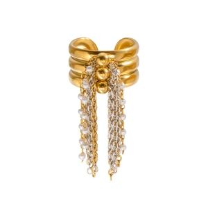 Detail view of gold tiered ring with multi-color chain tassels and white pearls