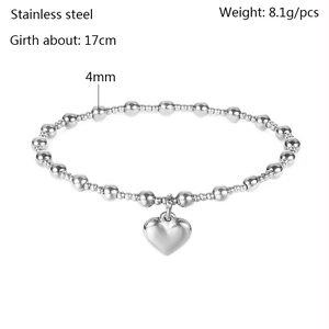Waterproof stainless steel beaded bracelet with heart pendant and 4mm silver-tone round beads