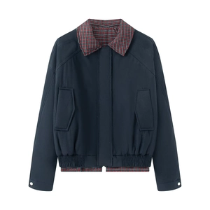 Women's dark blue Harrington jacket with red and green tartan plaid collar and lining