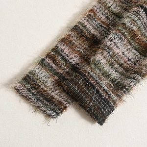 Detailed close-up of multi-colored striped knit cuffs with soft fluffy plush texture