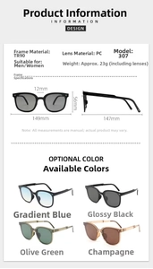 Detailed size specifications for foldable TR90 sunglasses with lens and frame dimensions