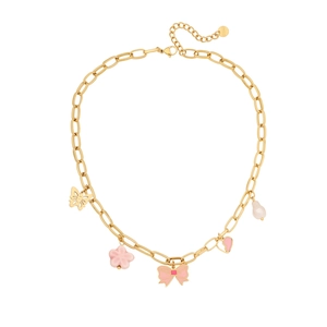 Golden stainless steel necklace with pink bow flower and butterfly pendants