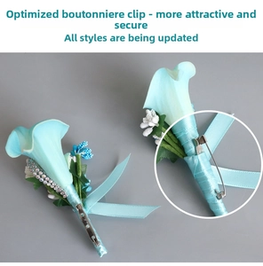 Detail showing back of light blue calla lily boutonniere with metal clip and safety pin