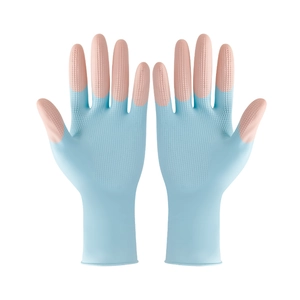 Durable blue and pink latex household cleaning gloves with anti-slip texture grip