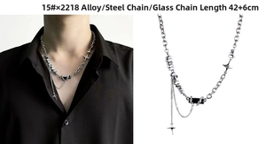 Close-up of titanium steel necklace with black rectangular pendant and star charms