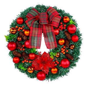 Christmas wreath with red bow, pine cones, and festive ornaments on white background