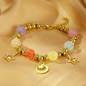 Golden titanium steel bracelet with colorful beads and star moon charms on silk
