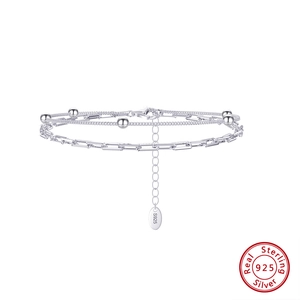 Three-layer S925 sterling silver geometric bracelet with bead and rectangular link chains