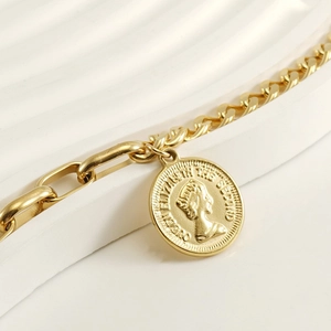Bracciale a catena in oro acciaio inossidabile con ciondolo moneta Regina Elisabetta su base