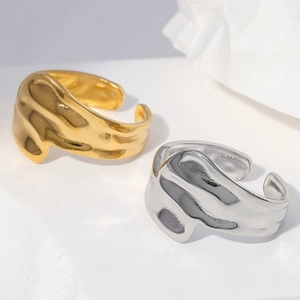 Irregular Molten Open Ring Stainless Steel Adjustable Wave Hammered Minimalist Elegant Jewelry Gift For Women