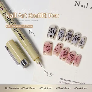 Detail of waterproof nail art pens with 0.25mm to 0.4mm tips and hand-drawn patterns