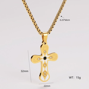 Detailed view of gold cross pendant with enamel and dimensions: 32mm by 22mm