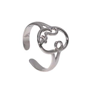 Minimalist adjustable silver stainless steel ring with abstract line art face design