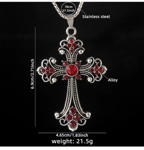 Cross necklace dimensions with red gemstone inlay showing 70cm chain and 6.9cm pendant size