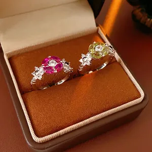 Zircon Flower Adjustable Open Ring Copper Vintage Fashion Jewelry For Women Elegant Floral Index Finger Accessories
