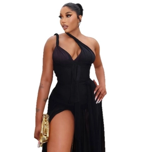 Elegant black asymmetric one-shoulder evening maxi dress with a high side slit detail