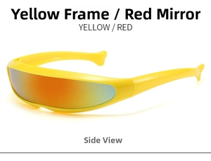 Side view of futuristic cyberpunk sports sunglasses with yellow frame and red mirrored lenses