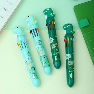Detailed view of 10-color retractable ballpoint pens with cute dinosaur cartoon toppers