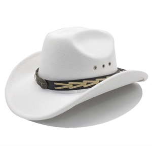 Cappello da cowboy bianco in feltro con fascia nera intrecciata e fibbia di toro