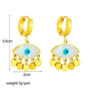 Gold stainless steel evil eye hoop earrings with disc tassels, size 3.5cm x 2cm