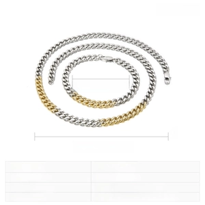 Detailed size chart for two-tone gold and silver Cuban chain necklace and bracelet