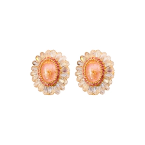 Luxurious oval pink crystal flower stud earrings with floral gold foil and silver pins