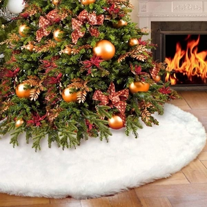 White faux fur Christmas tree skirt with plush texture for holiday home decorations